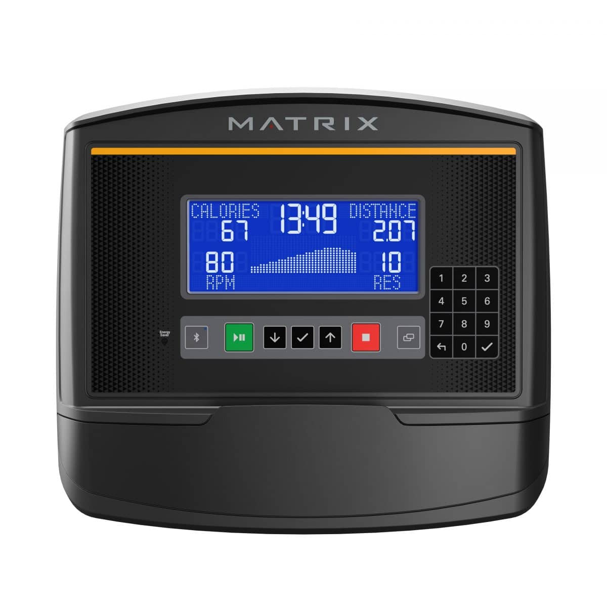 A matrix fitness machine with a lcd display.