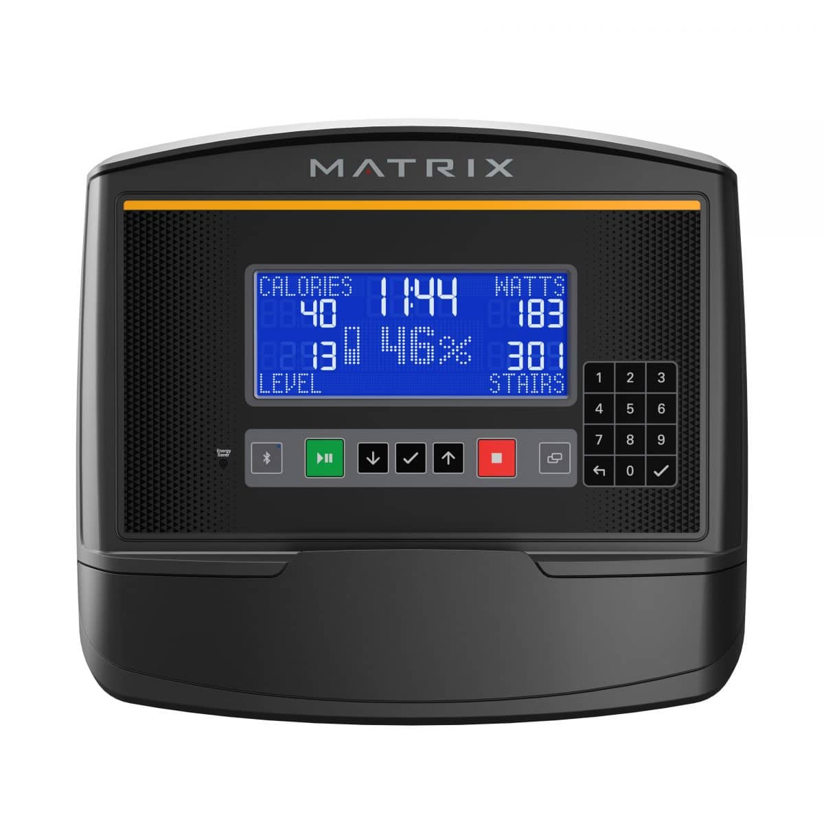 A matrix fitness machine with a lcd display.