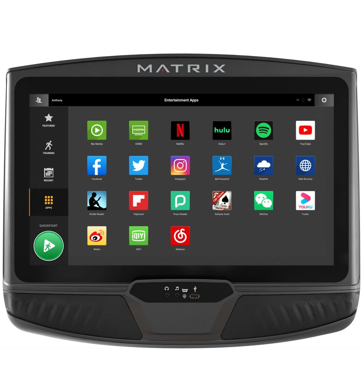 A matrix tablet with a variety of apps on it.