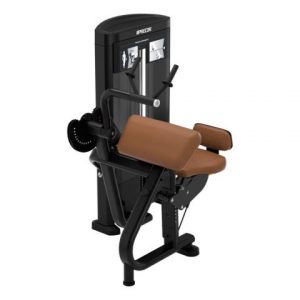 A gym machine with a brown leather seat.