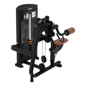 A gym machine with a black and brown handle.