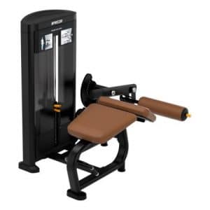 A gym machine with a black and brown seat.