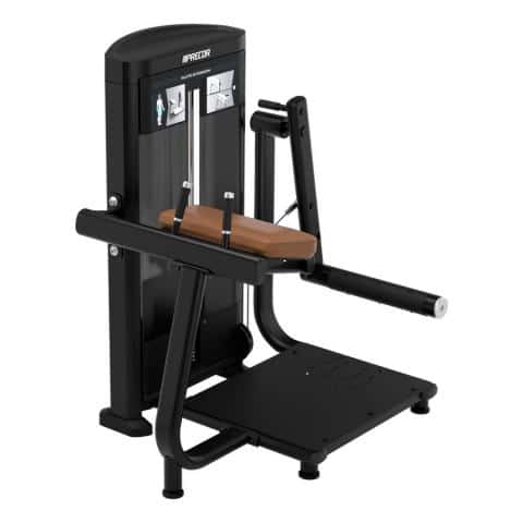 A gym machine with a wooden seat.