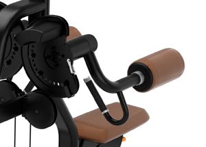 A gym machine with a black and brown handle.