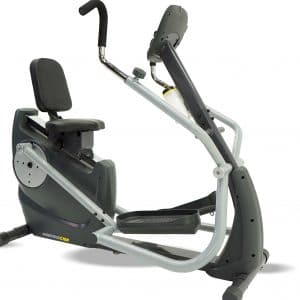 A stationary exercise bike on a white background