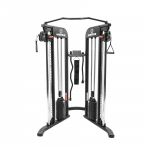 A gym machine with two handles and a pulley.
