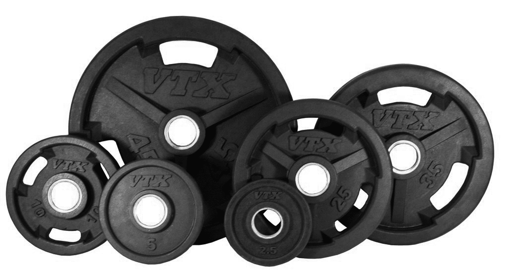 A set of black weight plates on a white background.