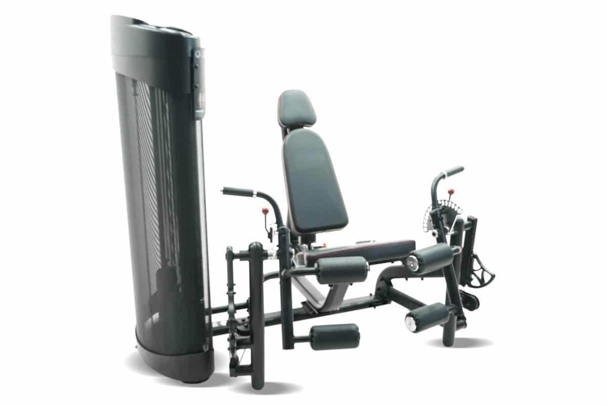 A gym machine with a seat and a bench.