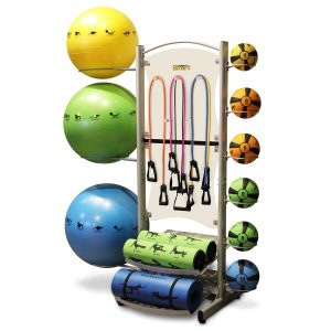 A rack of exercise balls and equipment