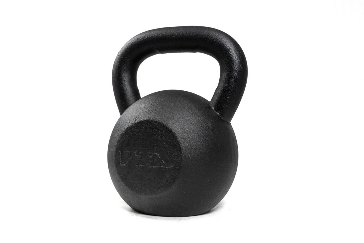 A black kettlebell on a white background.