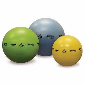 Three exercise balls with different colors and logos.