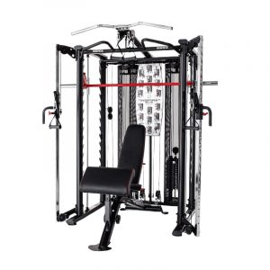 A gym set with a bench and a squat rack.
