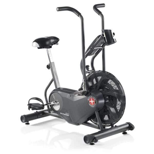 A stationary exercise bike on a white background
