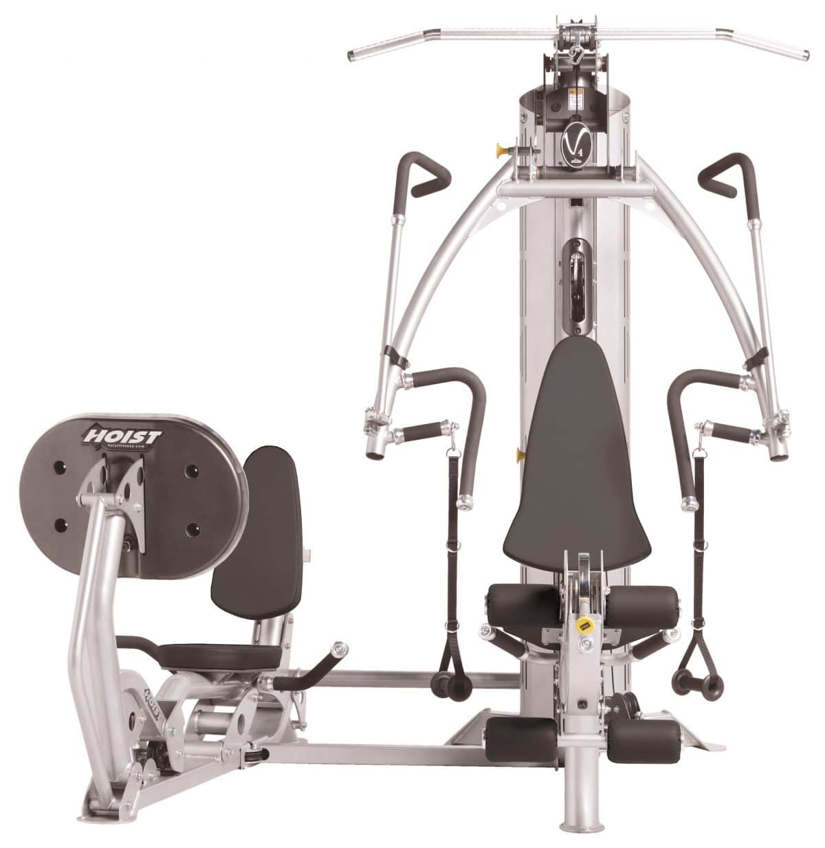 A gym equipment set with a bench and a pulley.