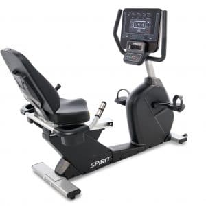 A stationary exercise bike with the seat up