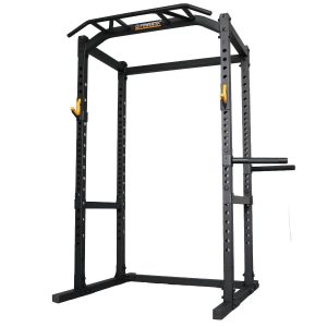 A black and yellow squat rack on a white background.