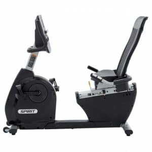 A stationary exercise bike with the seat down