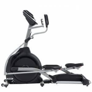 A close up of a stationary bike on a white background