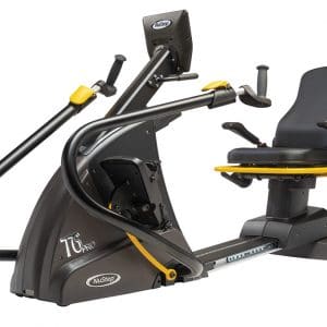 A black and yellow exercise machine with a yellow seat.