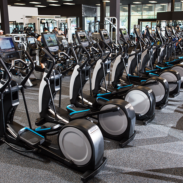 A row of exercise bikes in a gym