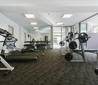 A gym room with tread machines and mirrors.