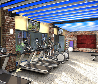 A rendering of a gym room with tread machines.