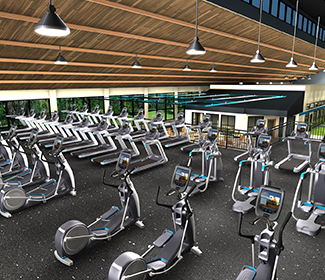 A large gym with rows of stationary exercise bikes