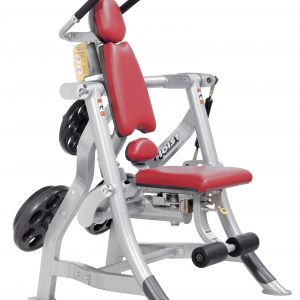 A weight machine with a red seat on a white background