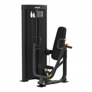 A black gym machine with an orange handle.