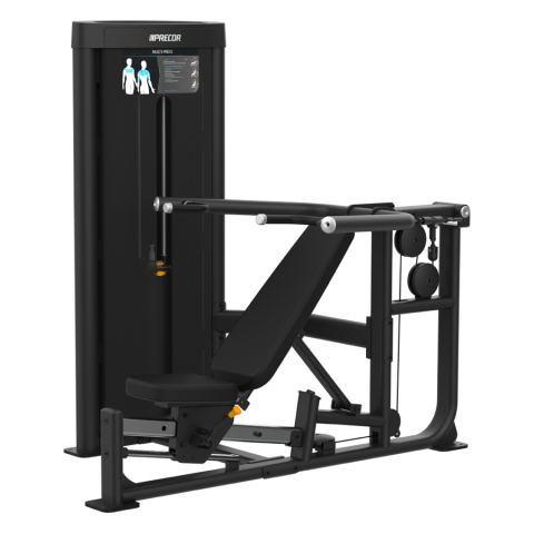 The chest press machine is shown on a black background.