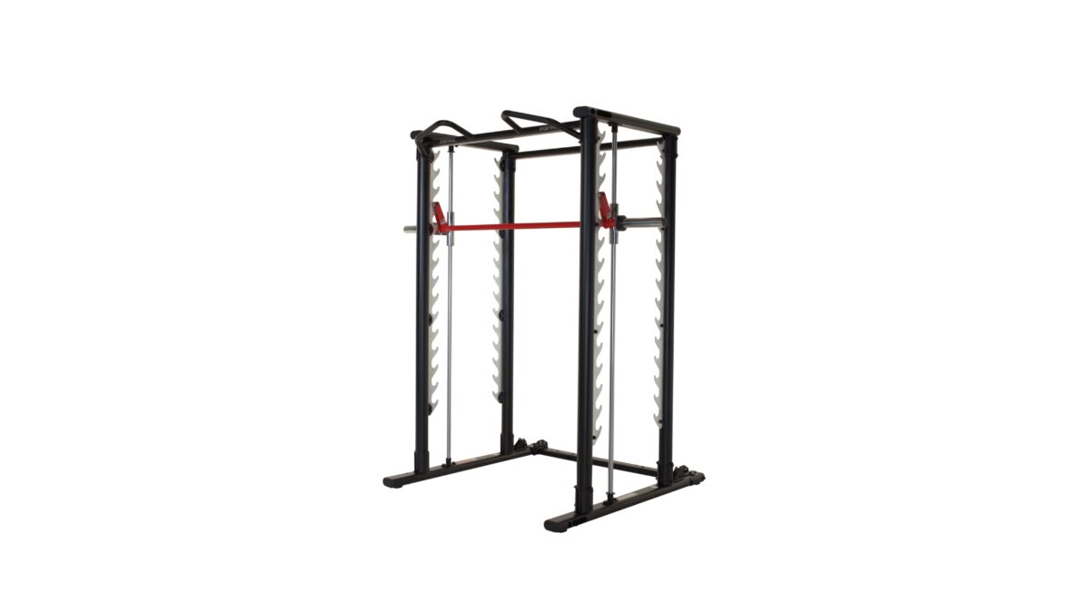 A black and red squat rack on a white background.