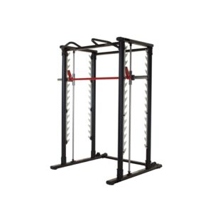 A black and red squat rack on a white background.