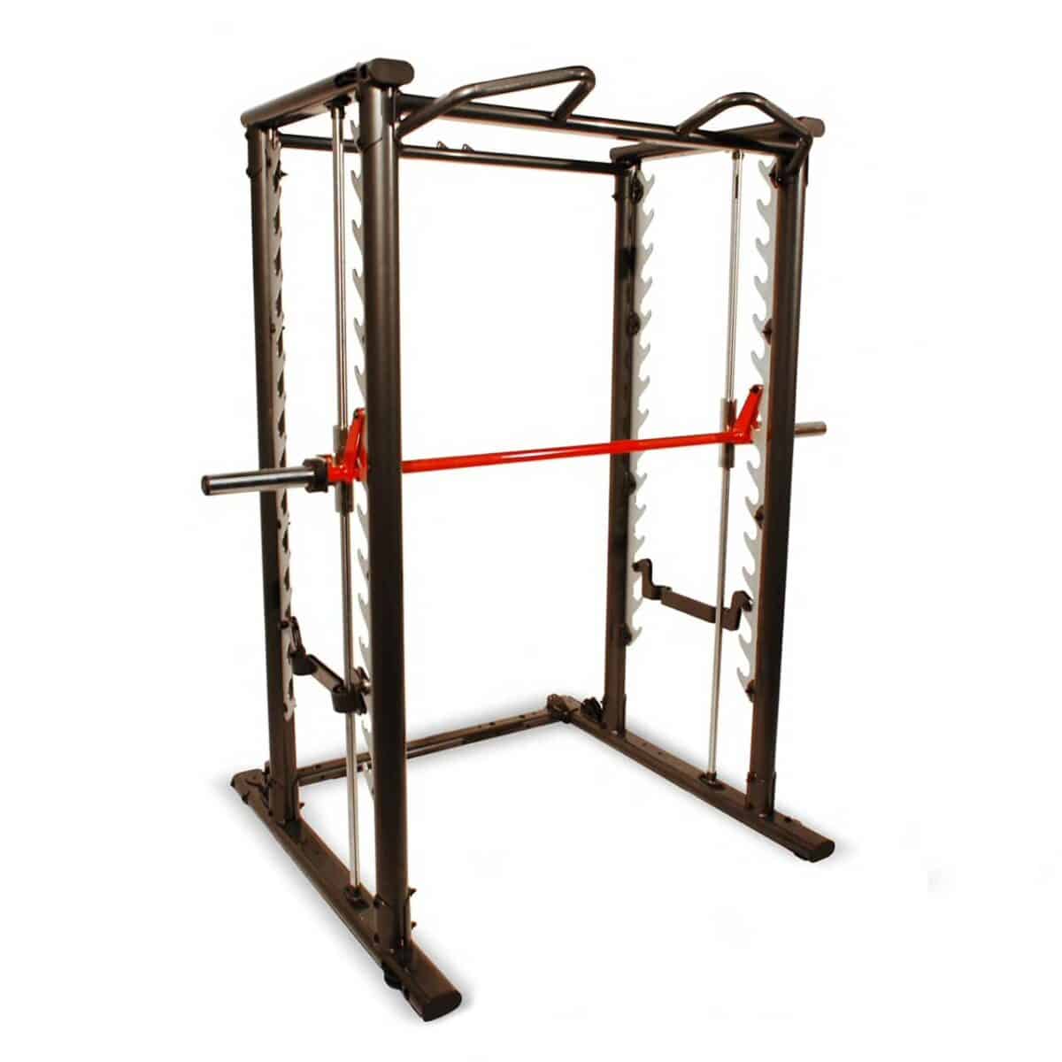 A squat rack with a red handle.